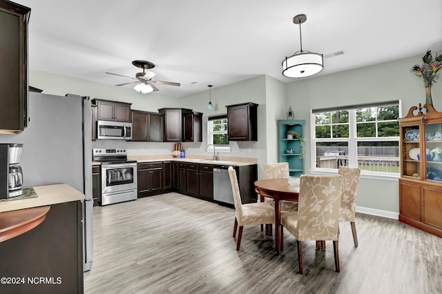 kitchen with stainless steel appliances, a wealth of natural light, hanging light fixtures, and ceiling fan