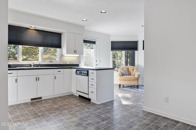 kitchen with white cabinets, white dishwasher, sink, and a textured ceiling