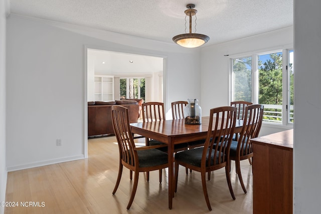 dining room featuring ornamental molding, a textured ceiling, light hardwood / wood-style floors, and a healthy amount of sunlight