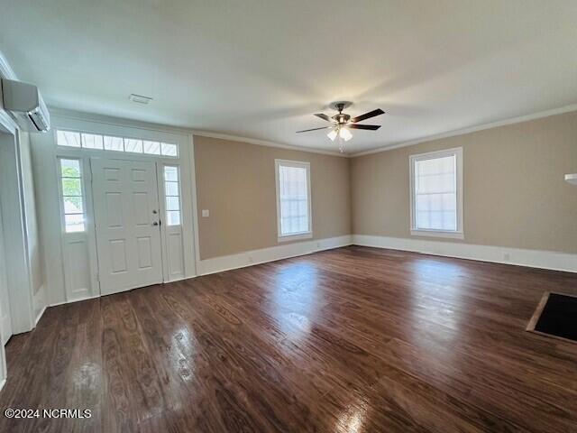 foyer featuring ceiling fan, ornamental molding, plenty of natural light, and dark hardwood / wood-style floors