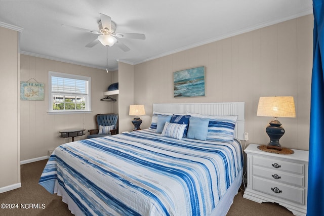 carpeted bedroom featuring ceiling fan and ornamental molding