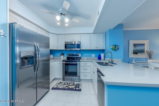 kitchen featuring sink, white cabinets, kitchen peninsula, stainless steel appliances, and ceiling fan