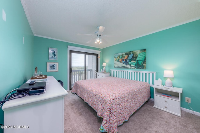 bedroom with ceiling fan, light colored carpet, access to exterior, and crown molding