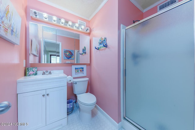 bathroom featuring a textured ceiling, walk in shower, ornamental molding, vanity, and toilet