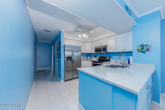 kitchen featuring sink, white cabinetry, kitchen peninsula, appliances with stainless steel finishes, and ceiling fan