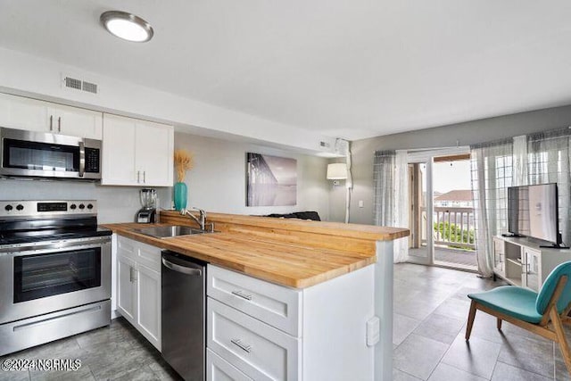 kitchen featuring kitchen peninsula, butcher block counters, stainless steel appliances, and white cabinets