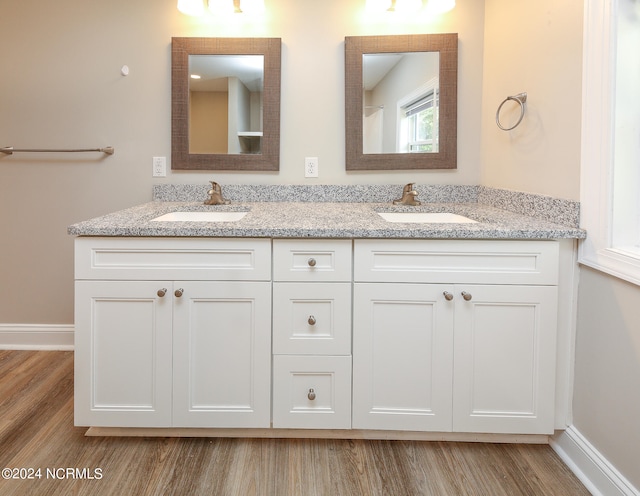 bathroom with hardwood / wood-style flooring and vanity