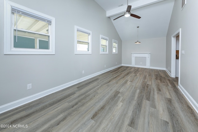 unfurnished living room featuring wood-type flooring, beam ceiling, ceiling fan, and high vaulted ceiling