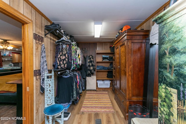 walk in closet featuring light hardwood / wood-style floors and ceiling fan