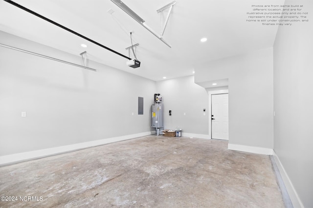 garage with a garage door opener, water heater, and electric panel