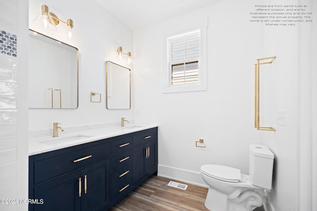 bathroom with vanity, wood-type flooring, and toilet