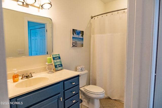 bathroom featuring walk in shower, vanity, toilet, and tile patterned floors