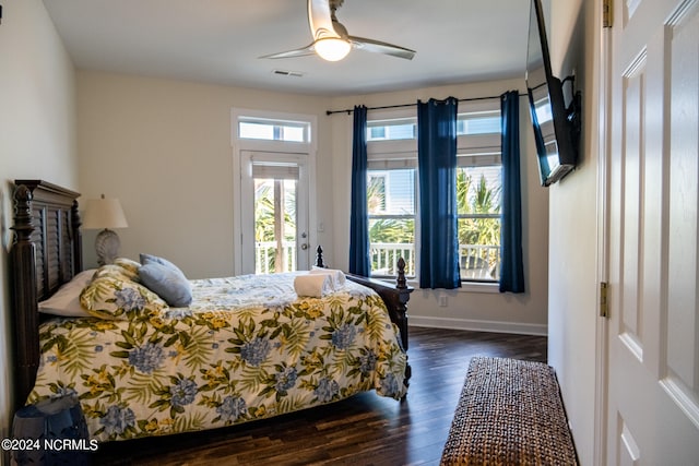 bedroom with ceiling fan and dark hardwood / wood-style flooring