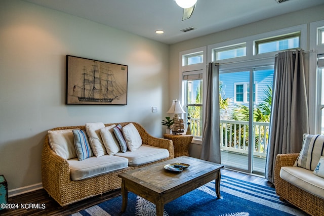 living room with ceiling fan and hardwood / wood-style flooring