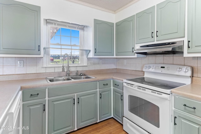 kitchen with electric stove, ornamental molding, light countertops, under cabinet range hood, and a sink