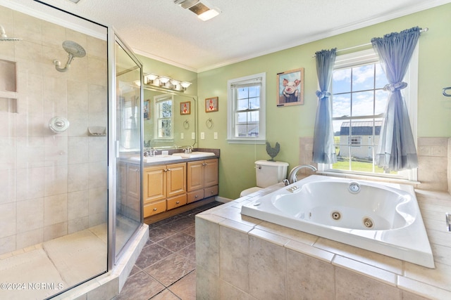 bathroom with tile patterned floors, a textured ceiling, shower with separate bathtub, vanity, and ornamental molding