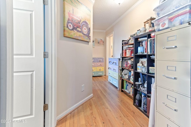 hallway with a textured ceiling, light hardwood / wood-style floors, and crown molding