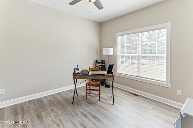 home office with ceiling fan and light hardwood / wood-style floors