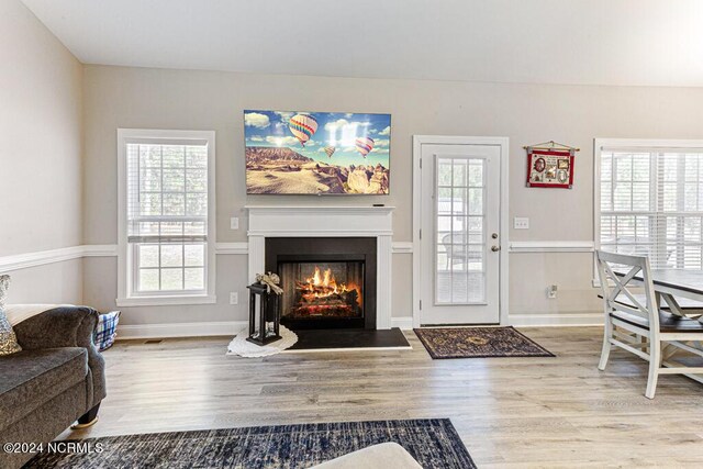 living room with ceiling fan, hardwood / wood-style floors, and a healthy amount of sunlight