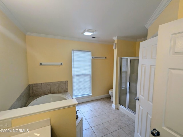 bathroom featuring crown molding, tile patterned flooring, toilet, and plus walk in shower