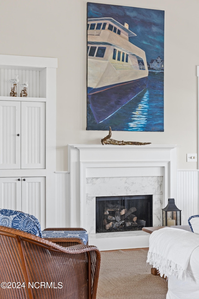 living room featuring carpet and a premium fireplace