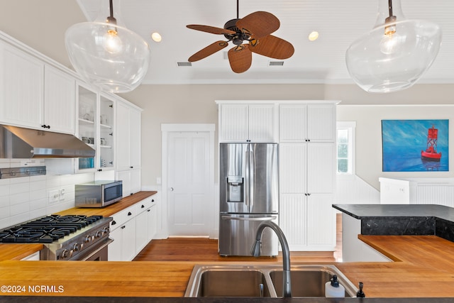 kitchen with appliances with stainless steel finishes, decorative backsplash, wooden counters, ceiling fan, and sink