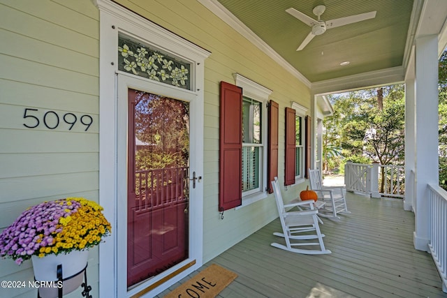 view of exterior entry with ceiling fan and a porch