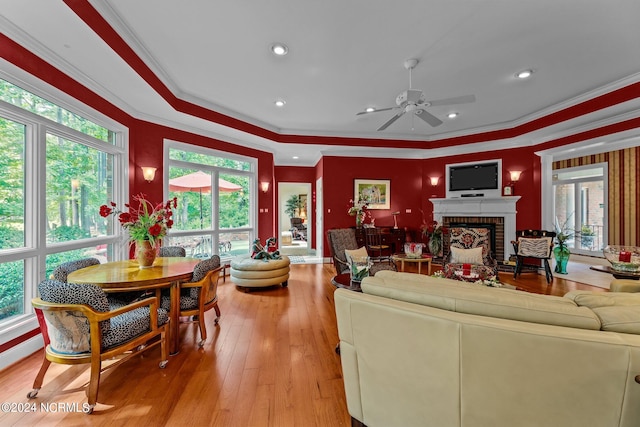 living room with ceiling fan, a fireplace, crown molding, and light hardwood / wood-style floors