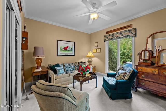 living room with light carpet, ceiling fan, and crown molding