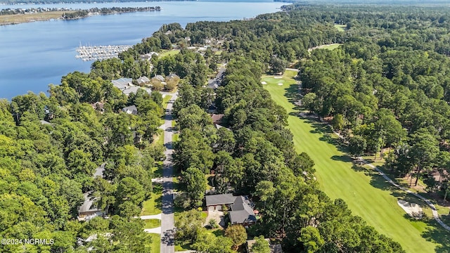 aerial view featuring golf course view, a view of trees, and a water view