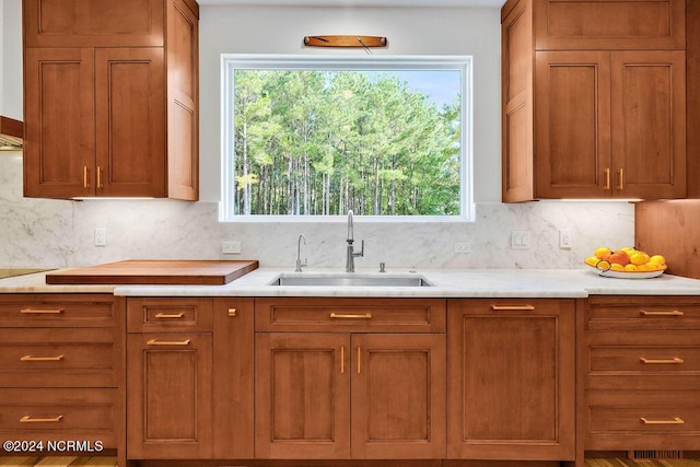79 Bishop Branch Ln SE, Leland, NC 28451 - kitchen featuring a sink, light countertops, brown cabinets, and plenty of natural light