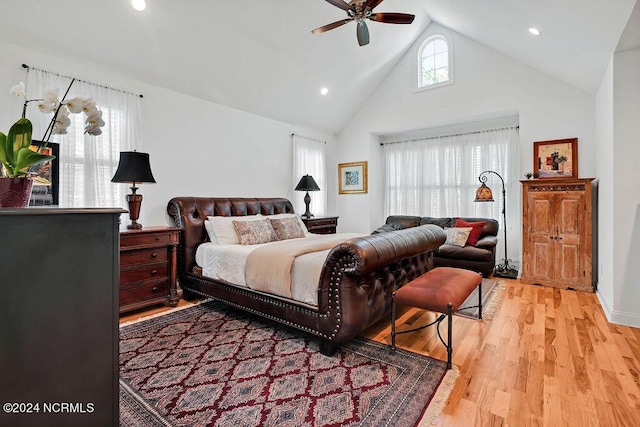 79 Bishop Branch Ln SE, Leland, NC 28451 - bedroom featuring light wood finished floors, high vaulted ceiling, recessed lighting, and a ceiling fan