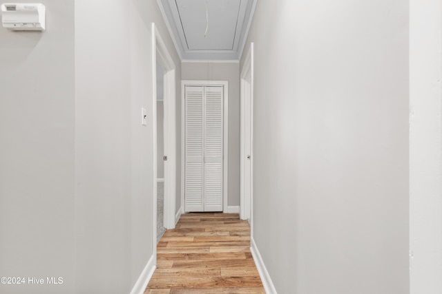 hallway featuring light hardwood / wood-style floors and crown molding