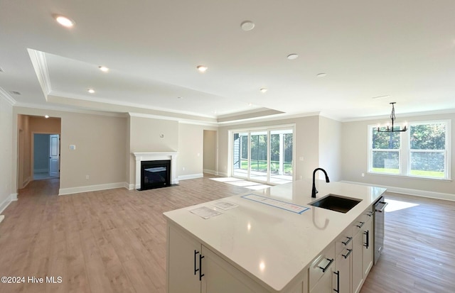 kitchen with a raised ceiling, white cabinetry, a kitchen island with sink, and sink