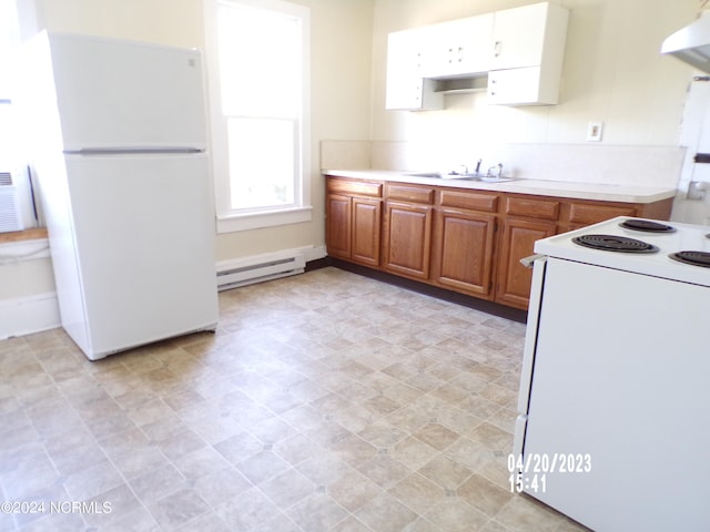 kitchen featuring sink, white appliances, white cabinets, and baseboard heating