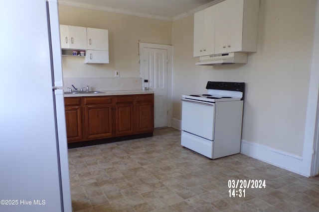 kitchen with white cabinetry, sink, white electric range, and ornamental molding