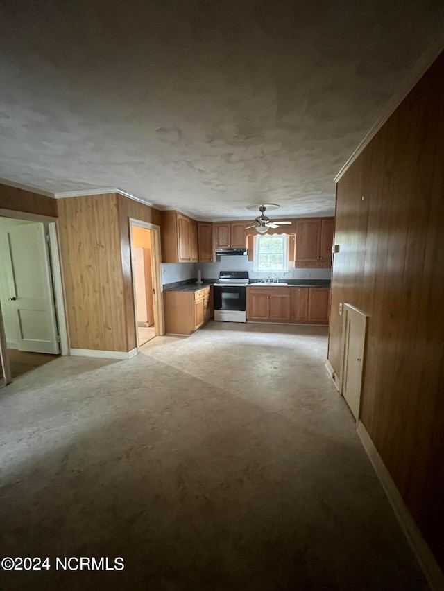 unfurnished living room with wooden walls, ceiling fan, and sink