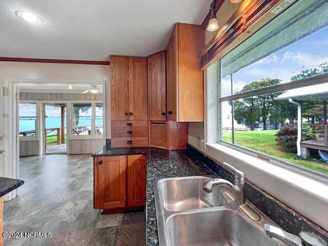 kitchen featuring crown molding, a water view, plenty of natural light, and sink