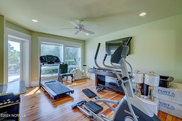 exercise area with ceiling fan and hardwood / wood-style flooring