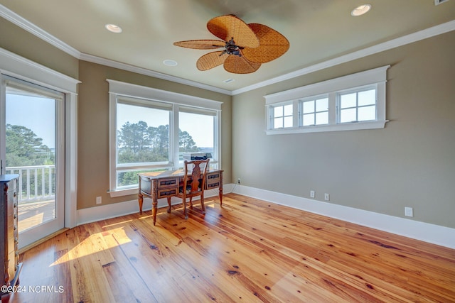 office area with ceiling fan, light hardwood / wood-style flooring, and ornamental molding