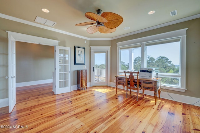 office area with ceiling fan, light hardwood / wood-style flooring, french doors, and ornamental molding