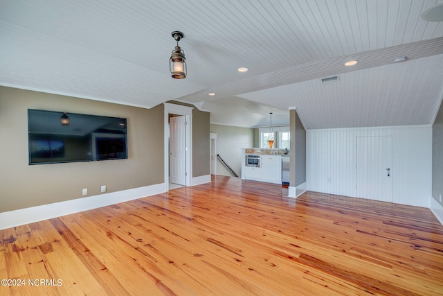 unfurnished living room featuring lofted ceiling, light hardwood / wood-style floors, and wooden ceiling