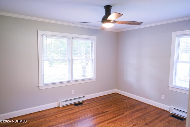 unfurnished room featuring ornamental molding, dark hardwood / wood-style floors, ceiling fan, and a baseboard radiator