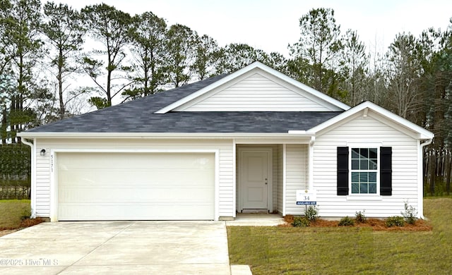 single story home with an attached garage, a shingled roof, a front lawn, and concrete driveway