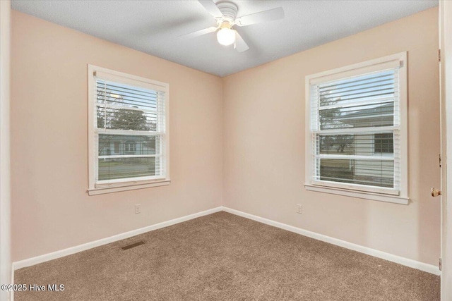 spare room featuring ceiling fan and carpet flooring