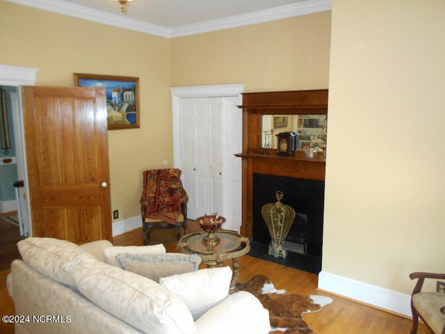 living room with crown molding and hardwood / wood-style flooring