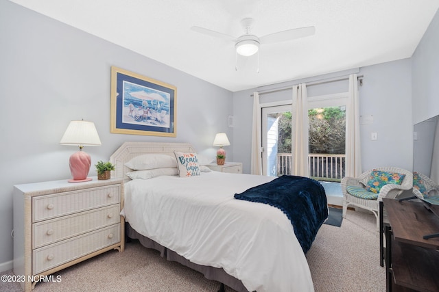 bedroom with light carpet, access to outside, and ceiling fan