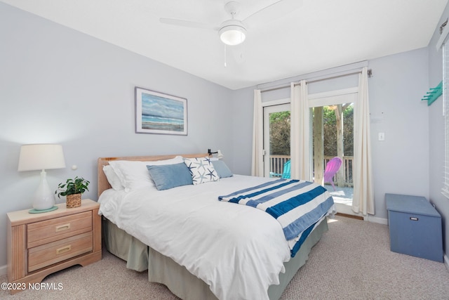 bedroom with light carpet, access to exterior, and ceiling fan