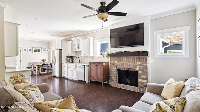 living room featuring crown molding, sink, a fireplace, and dark hardwood / wood-style flooring