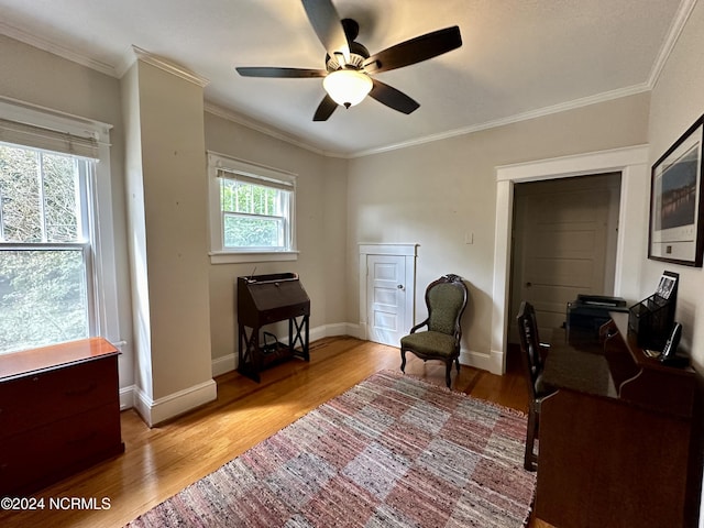 207 W Eden St, Edenton, NC 27932 - living area with light wood-type flooring, ceiling fan, ornamental molding, and baseboards